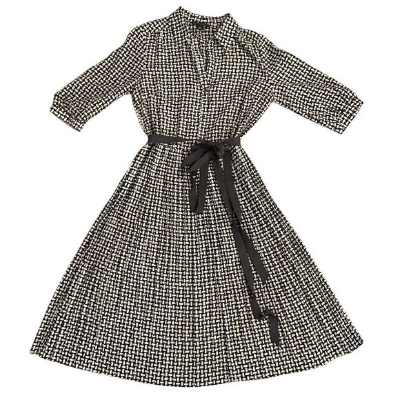 Banana Republic brown and cream pleated belted collared dress silk blend size 6 - Picture 2 of 13